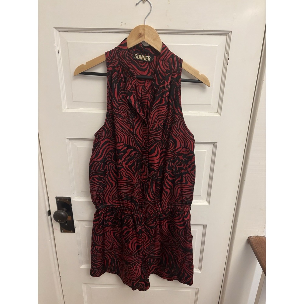 Sunner Women's 100% Silk Red Black Sleeveless Romper Pockets Size‎ Large